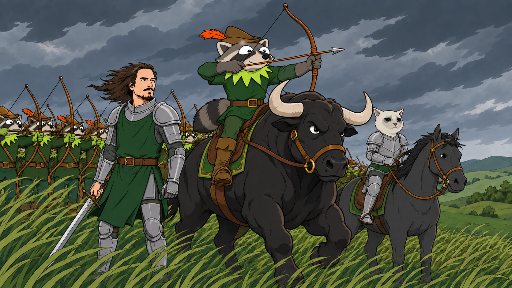 RACCO rides his black bull while the forest army fires arrows