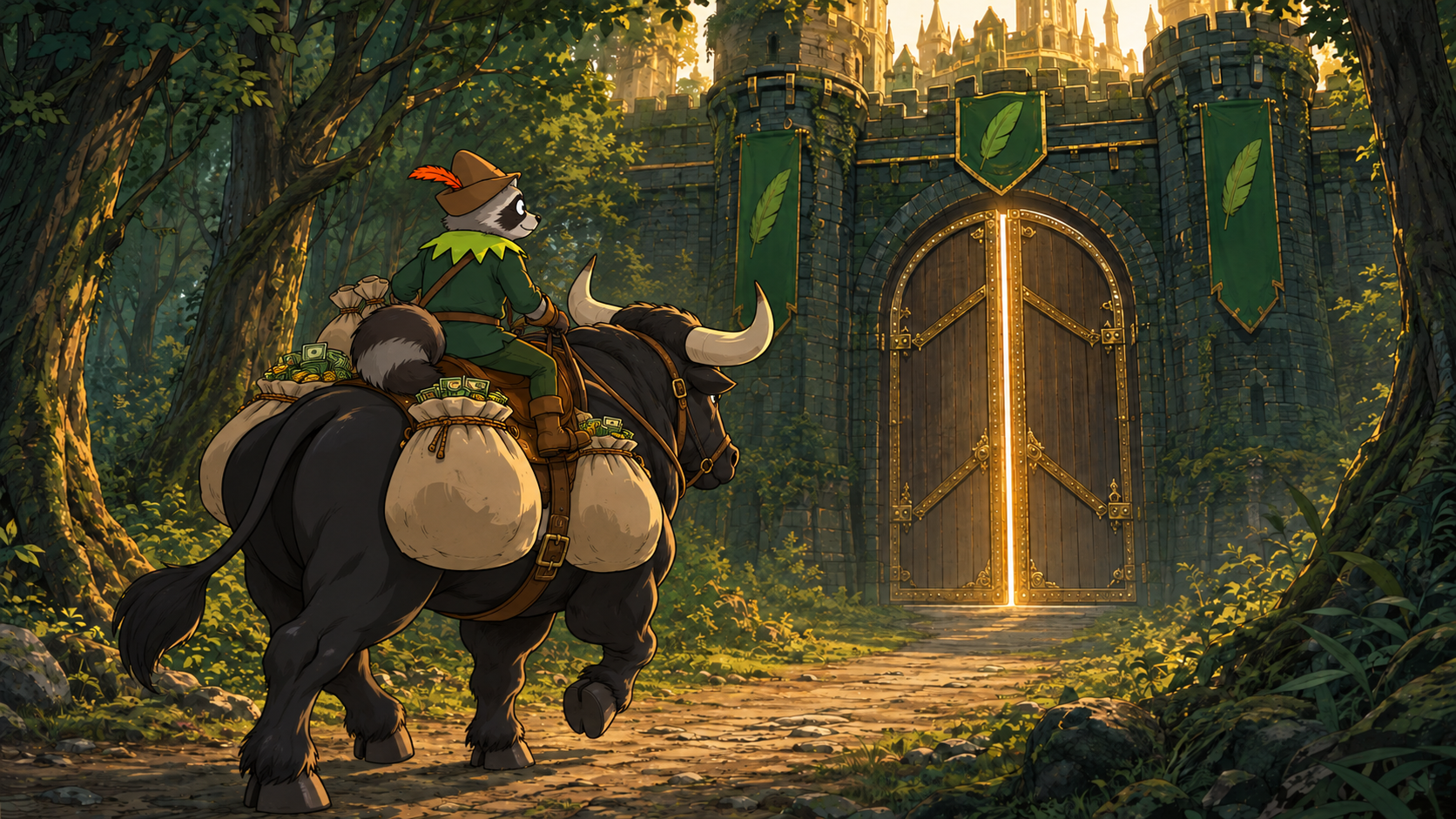 RACCO arrives at a castle on his black bull with bags of money