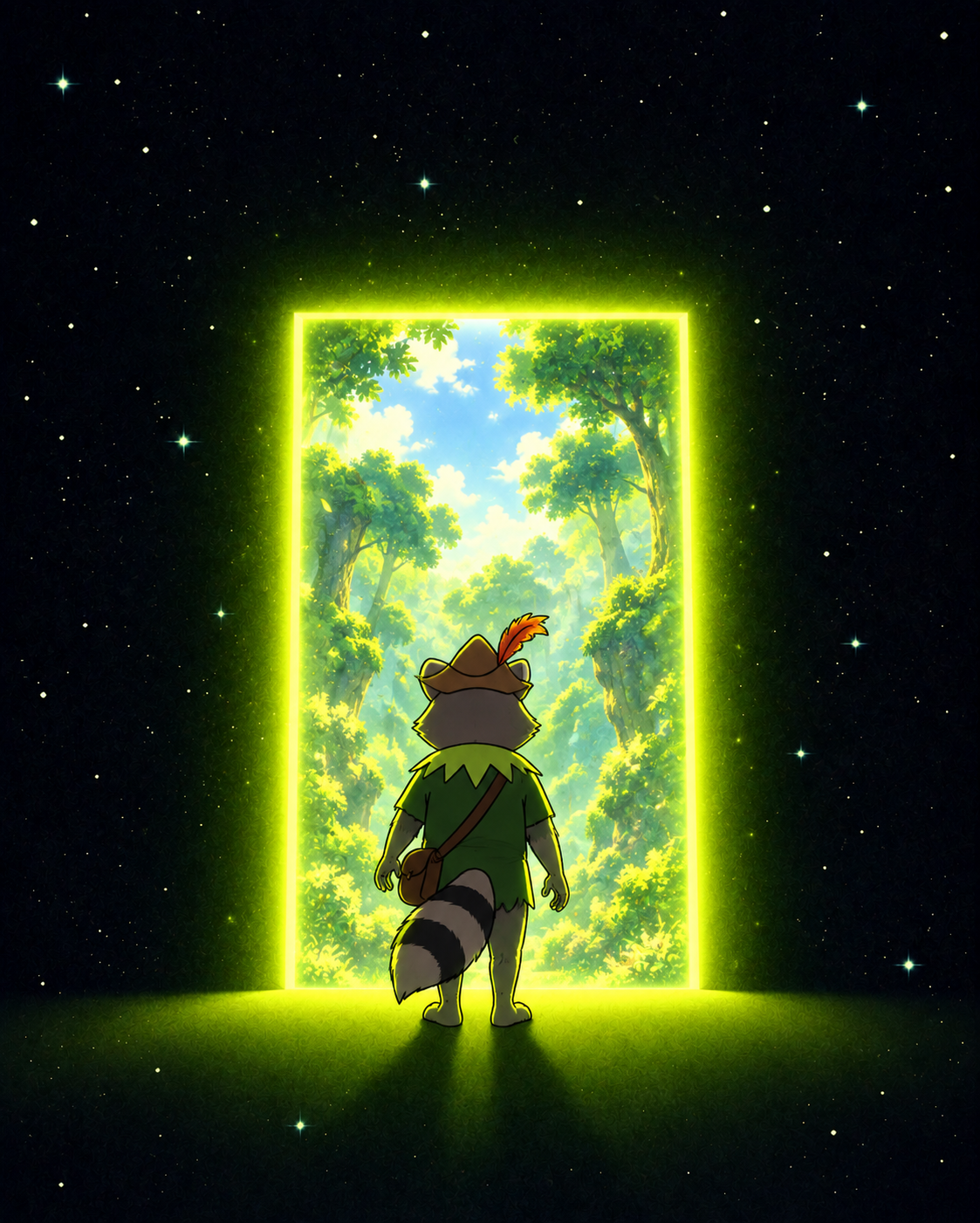 RACCO looks through a glowing portal