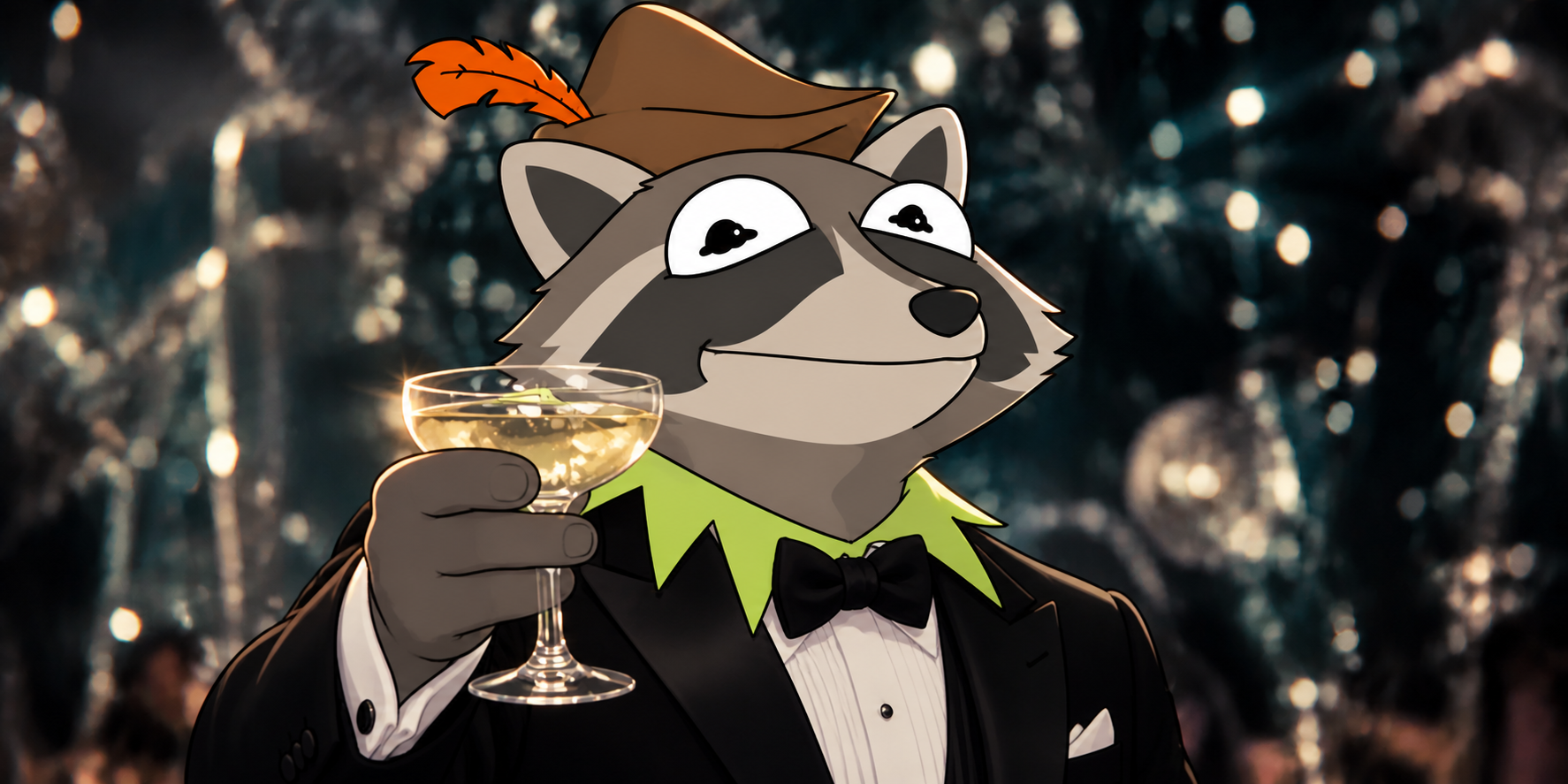 RACCO in a tuxedo raising a glass