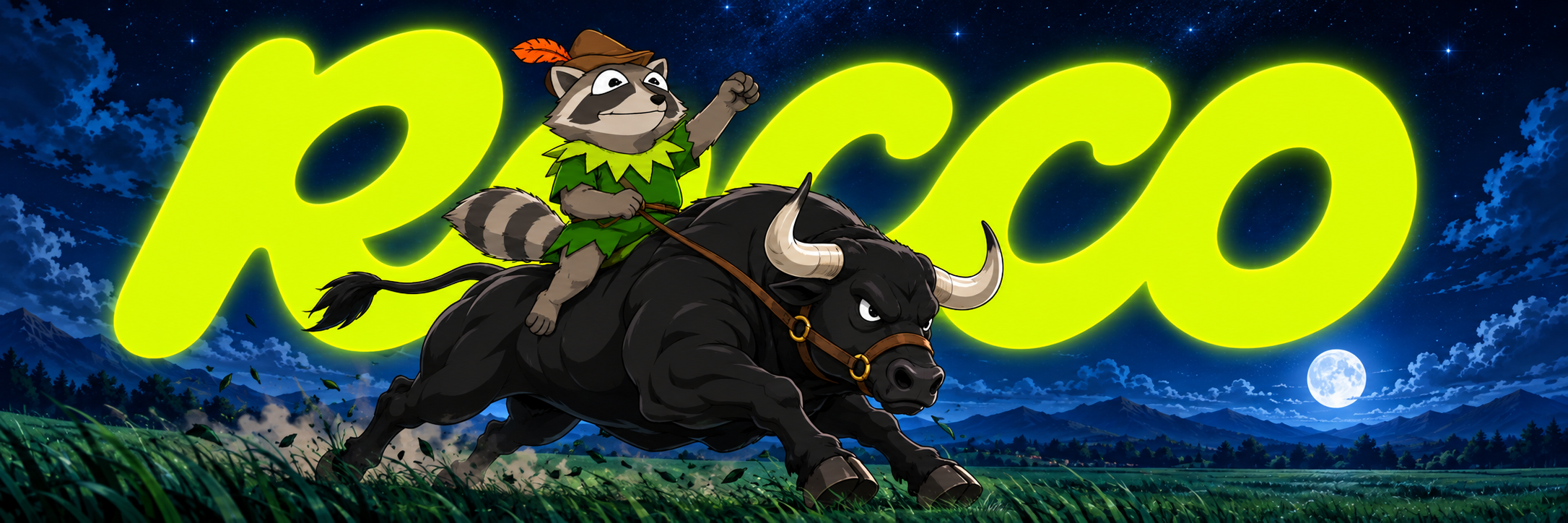 RACCO riding a black bull under a moonlit sky